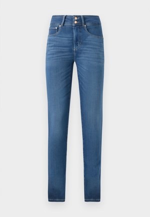 High-rise blue denim jeans with a slim fit, featuring two buttons at the waistband, five-pocket design, and a smooth texture.