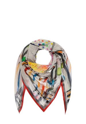 Lekki szalik z kolorowymi, abstrakcyjnymi wzorami, w tym groszki, paski oraz wzory zwierzęce, obszyty czerwoną lamówką.