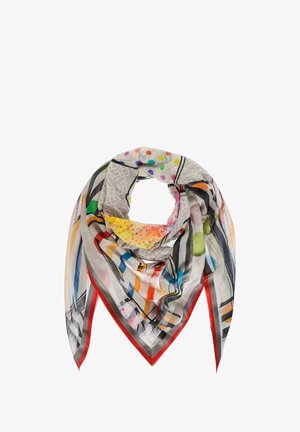 Lekki szalik z kolorowymi, abstrakcyjnymi wzorami, w tym groszki, paski oraz wzory zwierzęce, obszyty czerwoną lamówką.