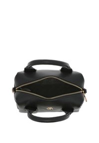 Sac à main en cuir noir avec une surface texturée, fermeture éclair dorée, poignées doubles et un intérieur spacieux et ouvert. Design compact et structuré.