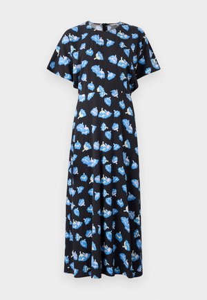 Abito floreale in tessuto nero, caratterizzato da motivi di fiori blu e rosa. Maniche corte a sbuffo e silhouette al ginocchio con zip sul retro.