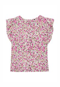 Blusa da donna a manica corta con motivo floreale in rosa, beige e marrone su sfondo bianco, caratterizzata da un collo rotondo.