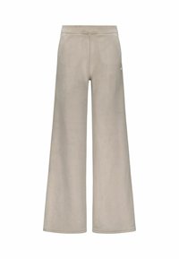 Pantaloni da tuta larghi color beige chiaro con finitura testurizzata, dotati di una vita alta e una sottile etichetta sul retro.