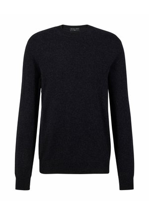 Czarny sweter z długim rękawem i okrągłym dekoltem, wykonany z miękkiego materiału o gładkiej fakturze i minimalnej ilości szwów. Charakteryzuje się klasycznym krojem.