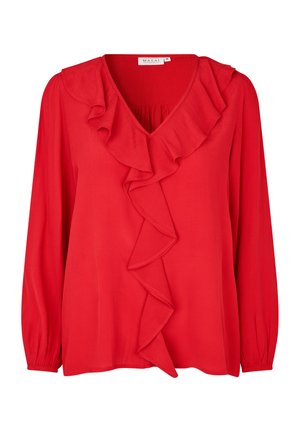 Rote Bluse mit langen Ärmeln, V-Ausschnitt und Rüschendetail an der Vorderseite. Hergestellt aus leichtem Stoff mit glatter Textur, mit gerafften Manschetten.