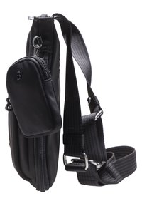 Borsa a tracolla nera con un vano principale con zip, tasca frontale con zip, tracolla regolabile e un tessuto liscio e durevole.