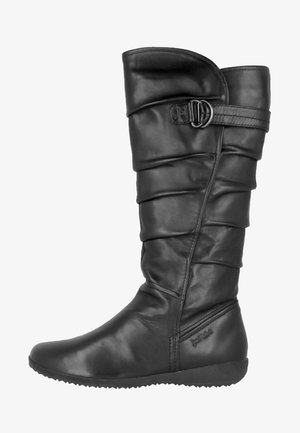 Bottes noires en cuir montantes avec texture froncée, détail de boucle sur le côté, bout rond et semelle plate. Présente une finition lisse sur l'ensemble.