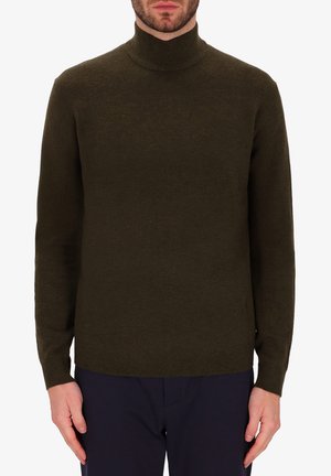 Maglione dolcevita verde scuro realizzato in tessuto a maglia testurizzata. Maniche lunghe e silhouette aderente, orlo che si ferma in vita. Design minimalista.