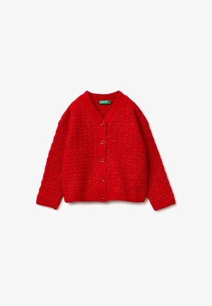 Cardigan rosso lavorato a maglia con scollo a V, chiusura con bottoni, polsini e orlo a coste, con un motivo testurizzato su tutta la stoffa.