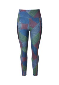 Leggings multicolores con un patrón geométrico en azul, verde y rojo, fabricados con una tela elástica de textura suave.