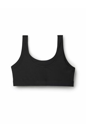 Zwarte sportbeha met brede schouderbanden, een ronde halslijn en een gladde textuur. Heeft een aansluitend, cropped ontwerp met minimale naden.