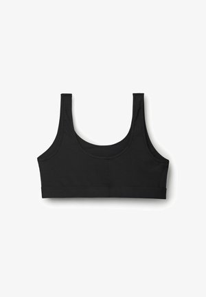 Soutien-gorge de sport noir avec de larges bretelles, décolleté échancré et texture lisse. Dispose d'un design ajusté et court avec des coutures minimales.