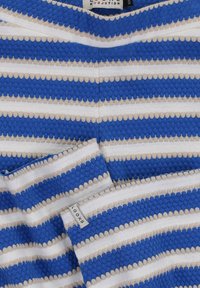 Blauw en crèmekleurig gestreepte stof in een textuur gebreid patroon. Labels met "LOOXS" en "RVOJUTION." De strepen variëren in breedte.