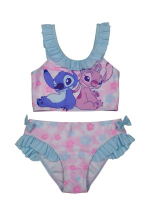 Mädchen-Badeanzug zweiteilig mit blauen Rüschen, mit den Cartoon-Charakteren Stitch und Angel vor einem rosa-blauen Blumenmuster.