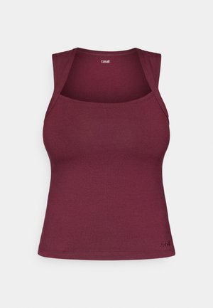 Bordo majica bez rukava izrađena od rastezljivog materijala, sa izrezom u obliku srpa. Mali logo u donjem lijevom kutu.