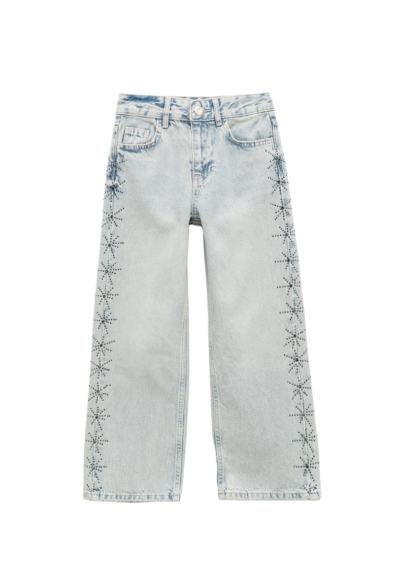 Lyst wash denim bukser med vide ben og stjerner formede nitter langs sidesømmene samt standard fem lommer.