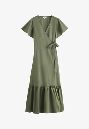 Olivengrøn slå-om-kjole med flagrende ærmer, V-hals, bindebånd i siden i taljen og flæsekant, midi længde.
