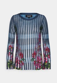 Genomskinlig marinblå topp med lodräta ränder och blommönster i röd och grön. Rundad halsringning och långa ärmar. Lättviktig tyg.