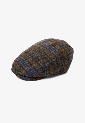 Casquette en laine à carreaux marron et bleu avec une forme arrondie, des coutures soigneusement réalisées et une texture douce.