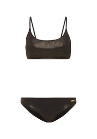 Zwart bikini set met een metalen glans. De top heeft dunne bandjes en een ronde halslijn, terwijl de onderkant een klassieke slipstijl heeft.