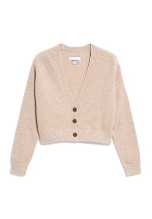 Light beige cropped cardigan made from textured fabric. Features a deep V-neck, three buttons, and loose-fitting sleeves.