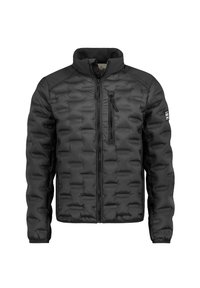 Schwarze gesteppte Pufferjacke mit hohem Kragen, Frontreißverschluss, Reißverschluss-Brusttasche und langen Ärmeln, vor weißem Hintergrund dargestellt.