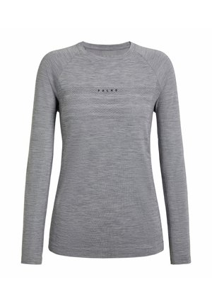 Maglia grigia a maniche lunghe con collo rotondo, finemente strutturata orizzontalmente e logo "FALKE" al centro del petto.