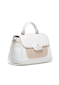 Borsa bianca a forma strutturata, con un pannello anteriore intrecciato in tessuto beige a zig zag, hardware dorato e manico superiore.