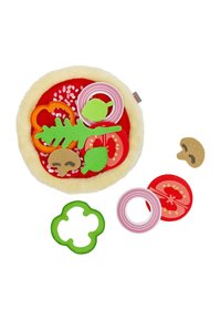 Soft plush food set featuring a round, red base with vegetable shapes in various colors: green, orange, yellow, and pink, with textured accents.