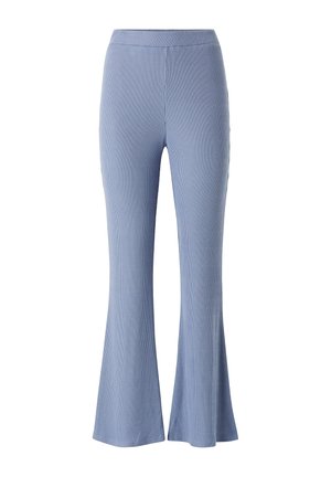 Blaue gerippte Schlaghosen mit einem taillierten Bund und strukturiertem Stoff. Die Hosen haben am unteren Ende einen leichten Schlag, der ihre Form betont.