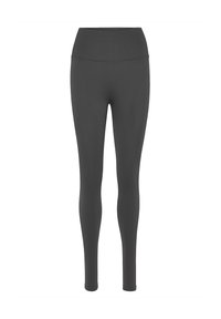 Legginsy z wysokim stanem, dopasowane, w jednolitym ciemnoszarym kolorze, wykonane z elastycznego, gładkiego materiału bez widocznych wzorów ani elementów metalowych.