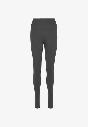 Hoch taillierte, figurbetonte Leggings in einem einfarbigen Dunkelgrau, gefertigt aus einem dehnbaren, glatten Material ohne sichtbare Muster oder Verzierungen.