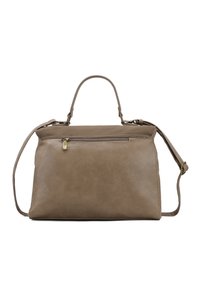 Borsa in pelle color taupe con forma strutturata. Presenta un manico superiore, una tracolla rimovibile e una tasca frontale con cerniera.