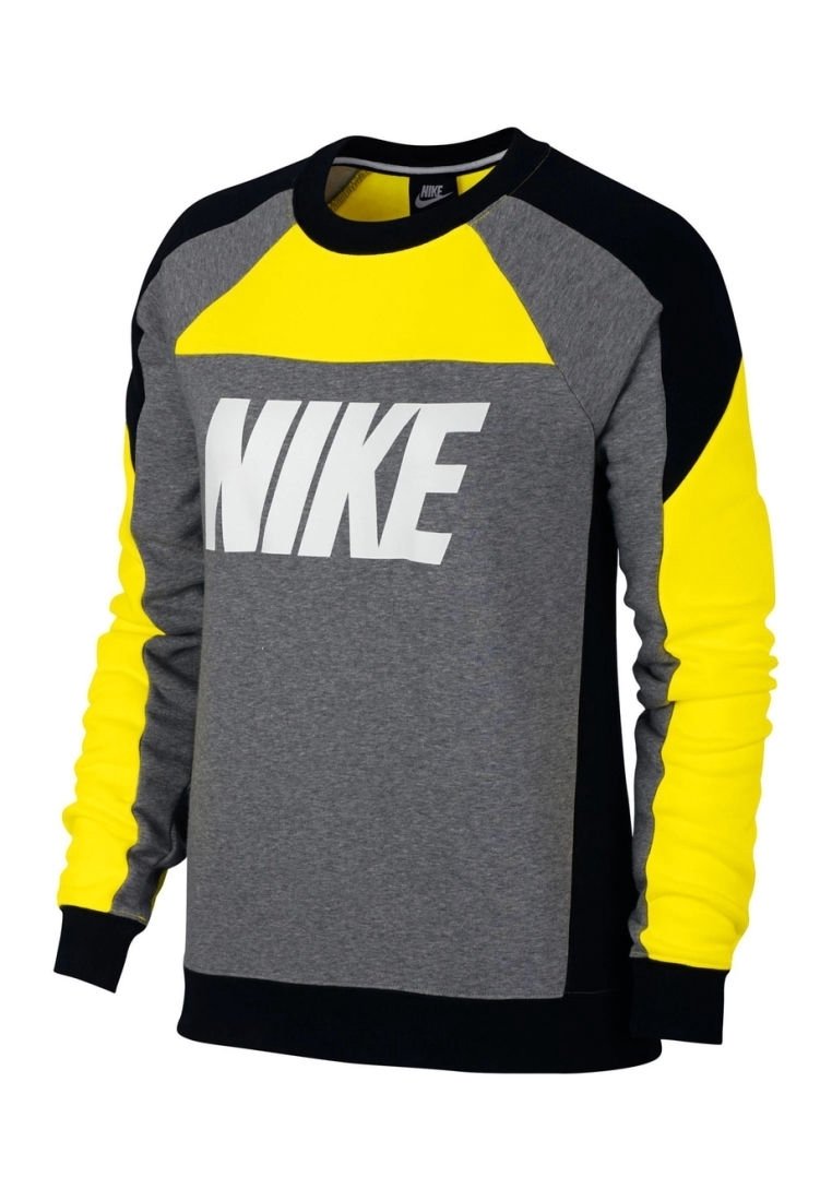 Nike sweatshirt featuring a color-block design with gray, black, and bright yellow panels. Large white logo on the front. Soft texture.