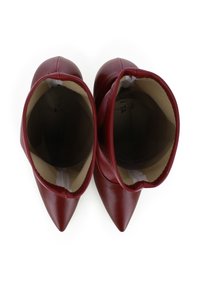 Une paire de bottines en cuir rouge à bout pointu, avec une doublure intérieure beige, vues de dessus sur un fond blanc.