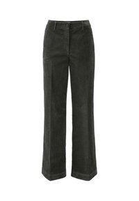 Donkergroene corduroy broek met een hoge taille, rechte pijpen, knoopsluiting aan de voorkant en horizontaal geribbelde textuur.