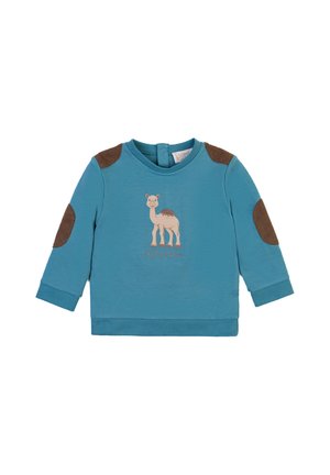 Felpa a maniche lunghe azzurro chiaro con grafica di cammello e toppe in velluto a coste marroni sui gomiti. Tessuto morbido con scollatura rotonda e chiusura con bottoni a pressione sul retro.