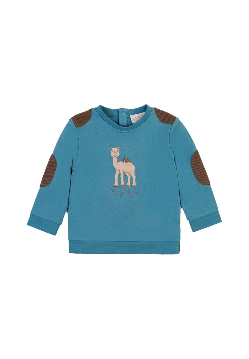 Felpa a maniche lunghe azzurro chiaro con grafica di cammello e toppe in velluto a coste marroni sui gomiti. Tessuto morbido con scollatura rotonda e chiusura con bottoni a pressione sul retro.