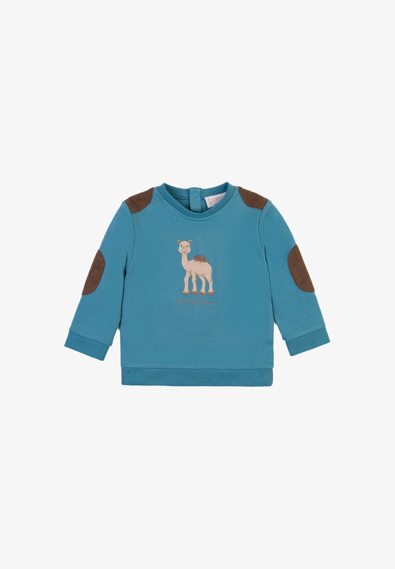Felpa a maniche lunghe azzurro chiaro con grafica di cammello e toppe in velluto a coste marroni sui gomiti. Tessuto morbido con scollatura rotonda e chiusura con bottoni a pressione sul retro.