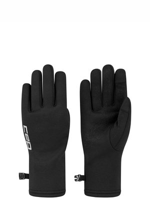 Paar schwarze Handschuhe, einer zeigt die Handfläche mit strukturiertem Griff, der andere die Rückseite mit weißem Markenlogo und verstellbaren Handgelenkclips.