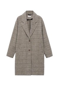 Hnědo-beige kostkovaný kabát se strukturovaným límcem, se dvěma předními kapsami, jednoradovým zapínáním na knoflík a rukávy do délky loktů.