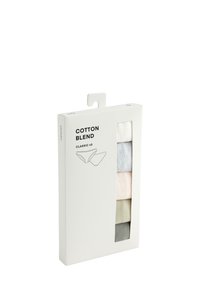 Balenie piatich spodných nohavíc z bavlnenej zmesi, vystavené v obdĺžnikovej bielej kartónovej krabičke s háčikom, s rôznymi pastelovými farbami a jednoduchou ilustráciou.