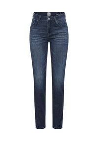 Donkerblauwe spijkerbroek met een rechte pasvorm, een ontwerp met vijf zakken en subtiele vervaagde details, voorzien van een knoopsluiting en riemlussen.