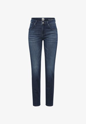 Jeans in denim blu scuro con taglio dritto, design a cinque tasche e dettagli di scoloritura discreti, con chiusura a bottoni e passanti per cintura.