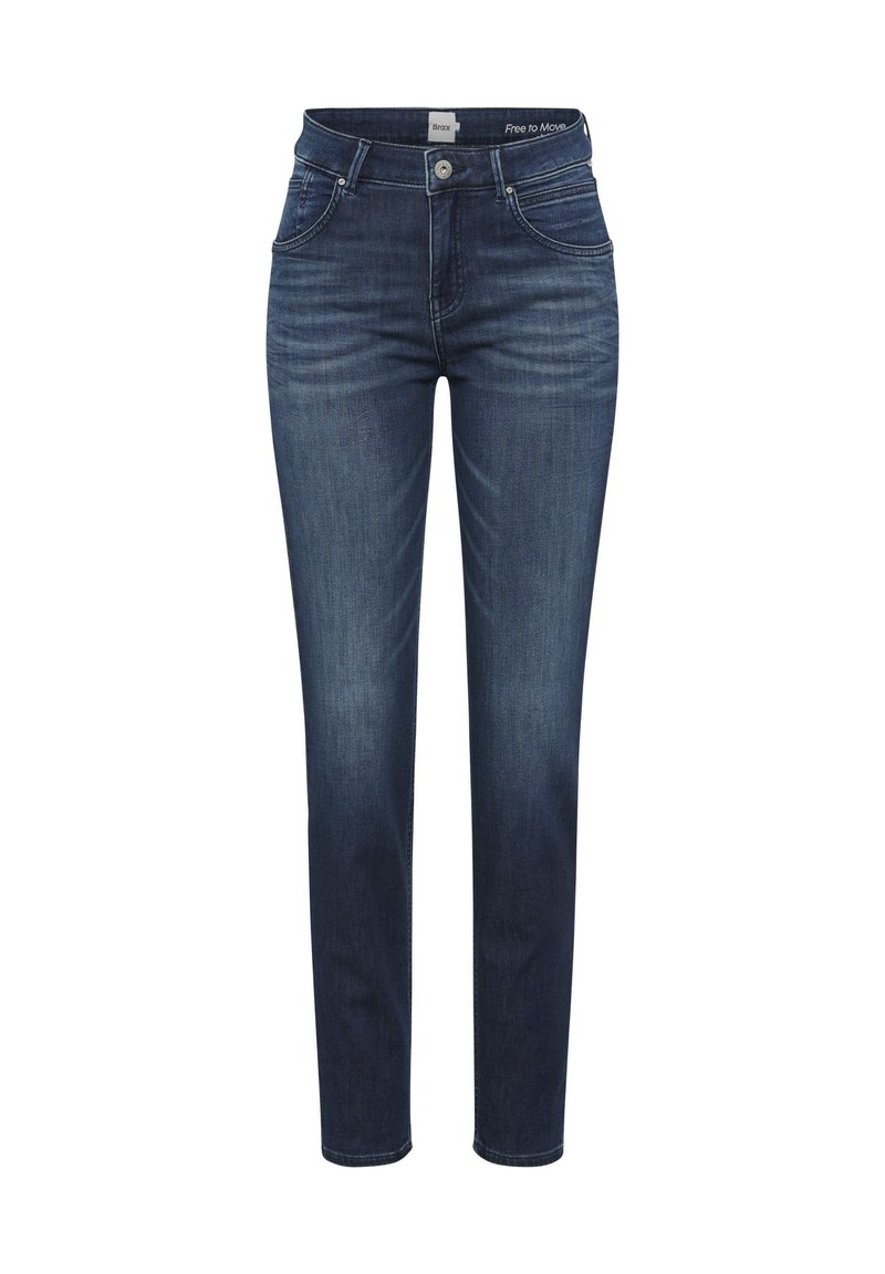 Donkerblauwe spijkerbroek met een rechte pasvorm, een ontwerp met vijf zakken en subtiele vervaagde details, voorzien van een knoopsluiting en riemlussen.