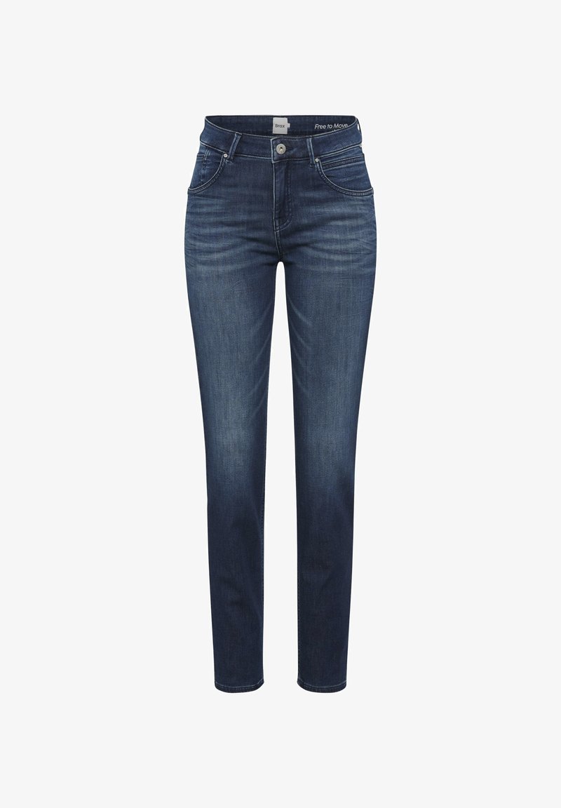 Donkerblauwe spijkerbroek met een rechte pasvorm, een ontwerp met vijf zakken en subtiele vervaagde details, voorzien van een knoopsluiting en riemlussen.