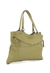 Borsa a tracolla in pelle verde con finitura testurizzata, manici doppi, tasca anteriore con zip e dettagli in metallo argentato.