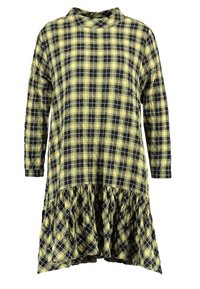 Abito a maniche lunghe in plaid giallo e nero, caratterizzato da un orlo arricciato e un colletto alto. Realizzato in tessuto intrecciato con motivo a scacchi.