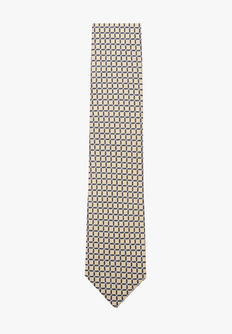Beige tie featuring a geometric pattern with navy accents, made of textured fabric, with a classic narrow shape and pointed tip.
