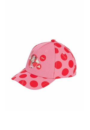 Cappellino rosa con pois rossi, con un'immagine di un personaggio dei cartoni animati e un logo sulla parte anteriore. Cinturino di regolazione sul retro.
